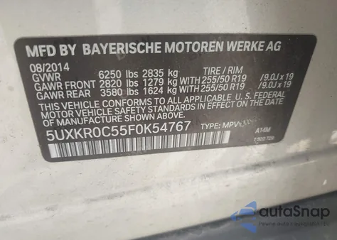 2015 BMW X5 xDrive35I из США, поврежденный, VIN 5UXKR0C55F0K54767